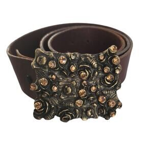 Genuine Brown Leather Belt with Rhinestone Embellished Buckle